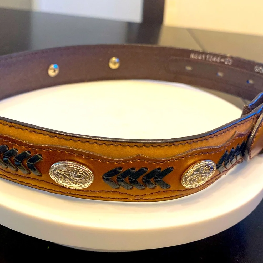 Nocona Western Leather Belt ~ Woven Inlay, Silver Conchos Interchangeable Buckle